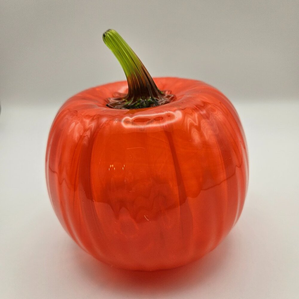 Blenko Handcrafted Art Glass Pumpkin – Orange w/ Green Stem – Hand Blown USA